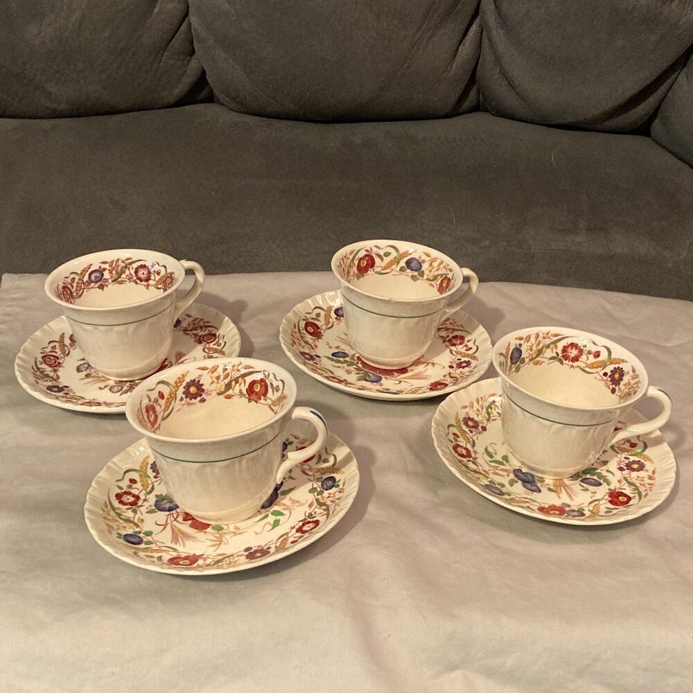 VTG 1940's England Wedgwood Etruria-4 Cups & Saucers-Cornflower A.K. 8023-EUC